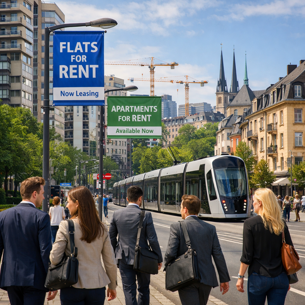 The image depicts a bustling Luxembourg City street scene showcasing a blend of modern and historic architecture Tall contemporary apartment buildings